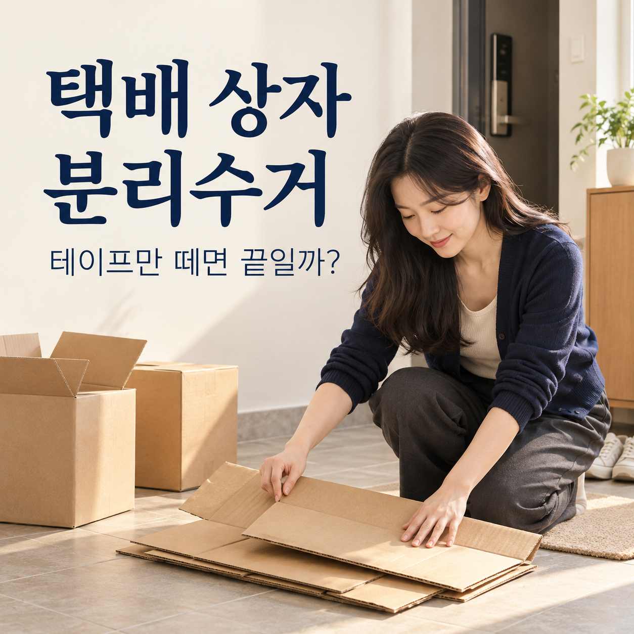 현관에서 성인 여성이 일반 골판지 택배 상자를 펼쳐 납작하게 접는 AI 생성 예시