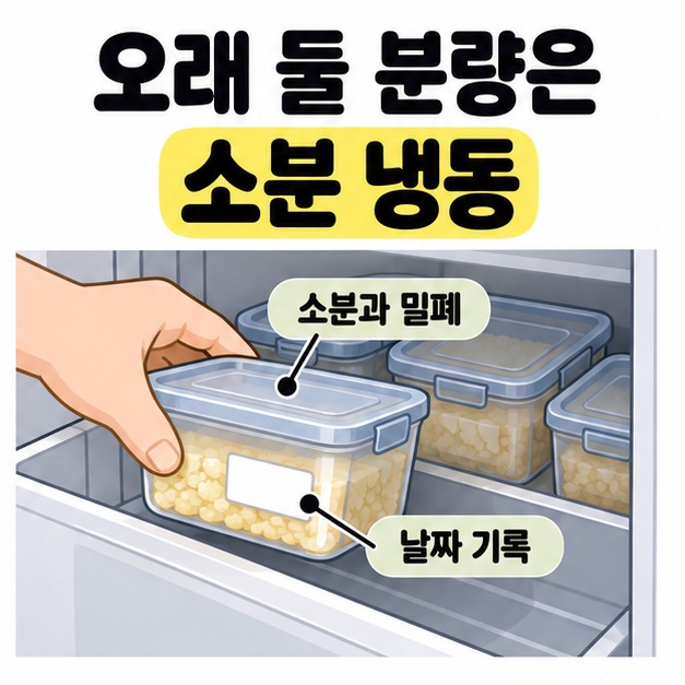 손이 다진마늘을 소분해 밀폐한 용기를 냉동고 서랍에 넣으며 뚜껑과 날짜 기록용 무지 라벨을 가리키는 그림