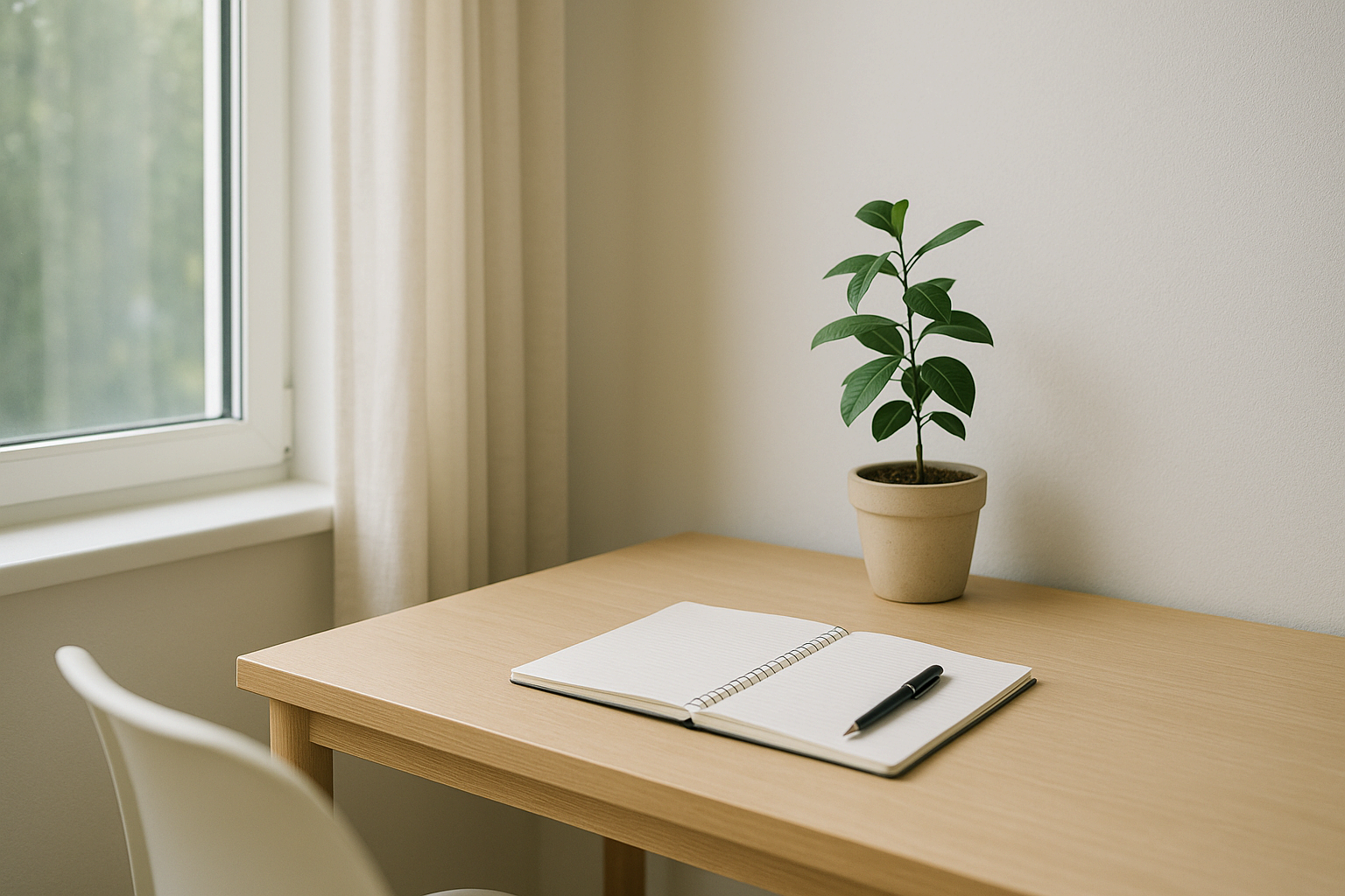 작은 식물 화분이 있는 밝고 정돈된 책상