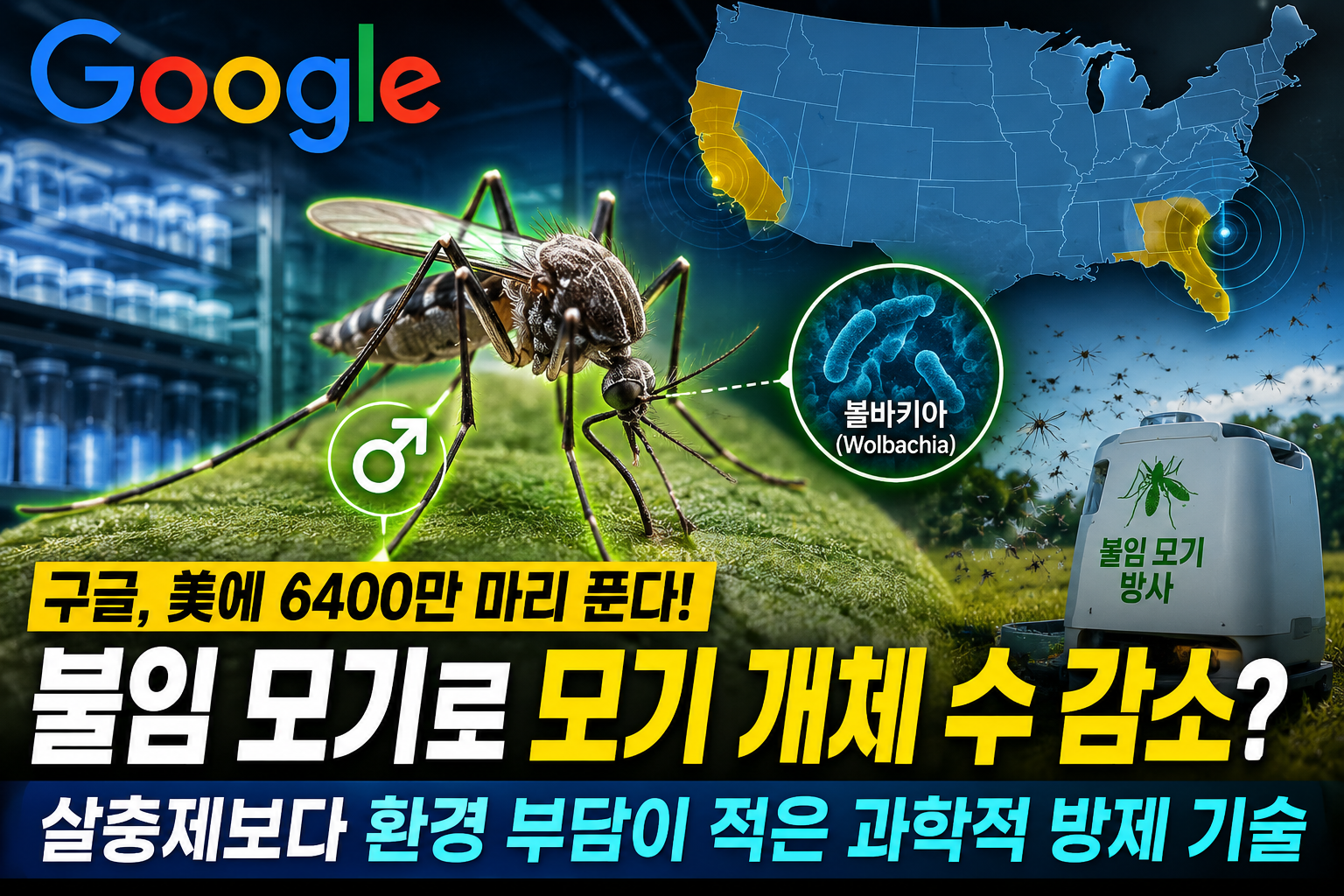 구글이 미국에 방사하려는 볼바키아 감염 수컷 불임 모기와 AI 기반 모기 방제 기술을 상징적으로 표현한 과학 정보공유형 썸네일 이미지