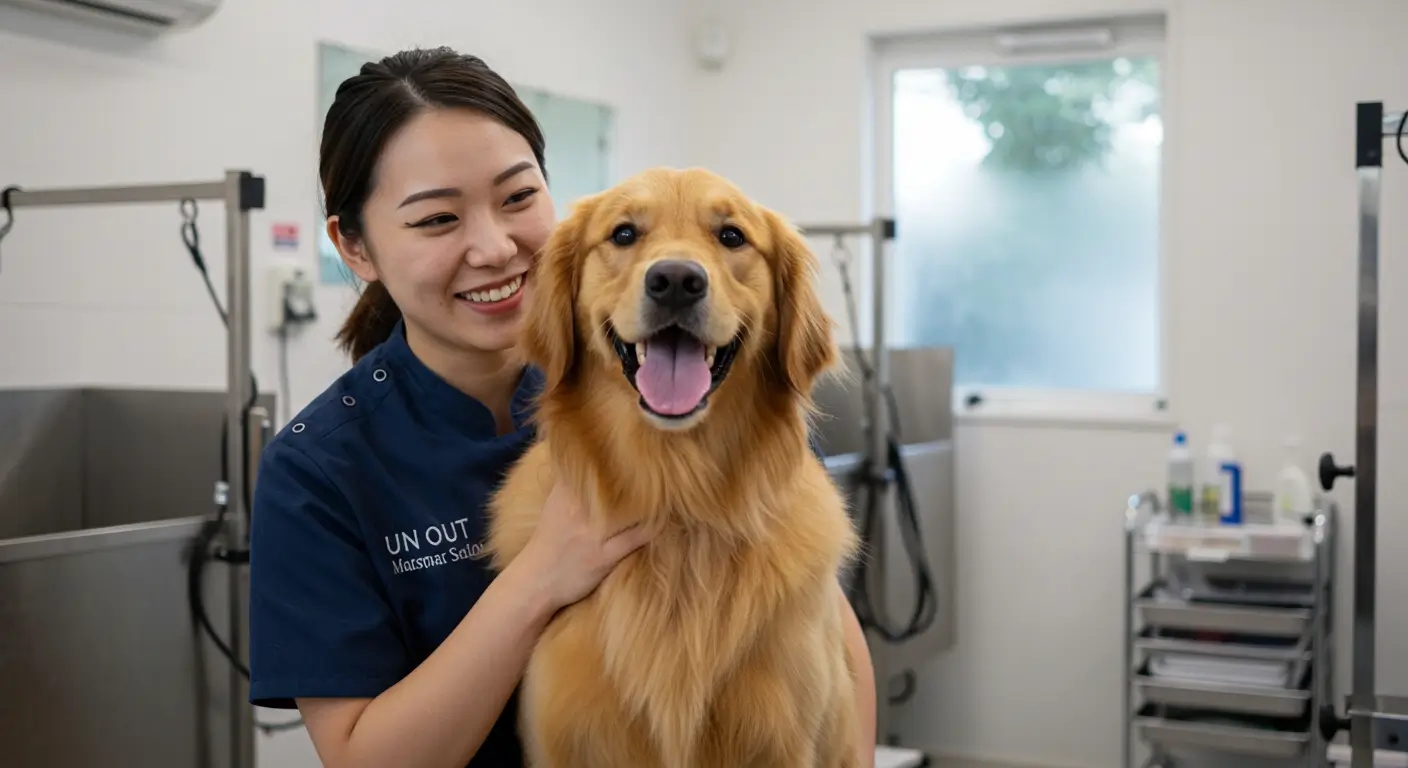 밝고 깨끗한 미용실에서, 미용을 마친 행복한 골든 리트리버를 미소 지으며 부드럽게 안고 있는 펫 미용사의 모습