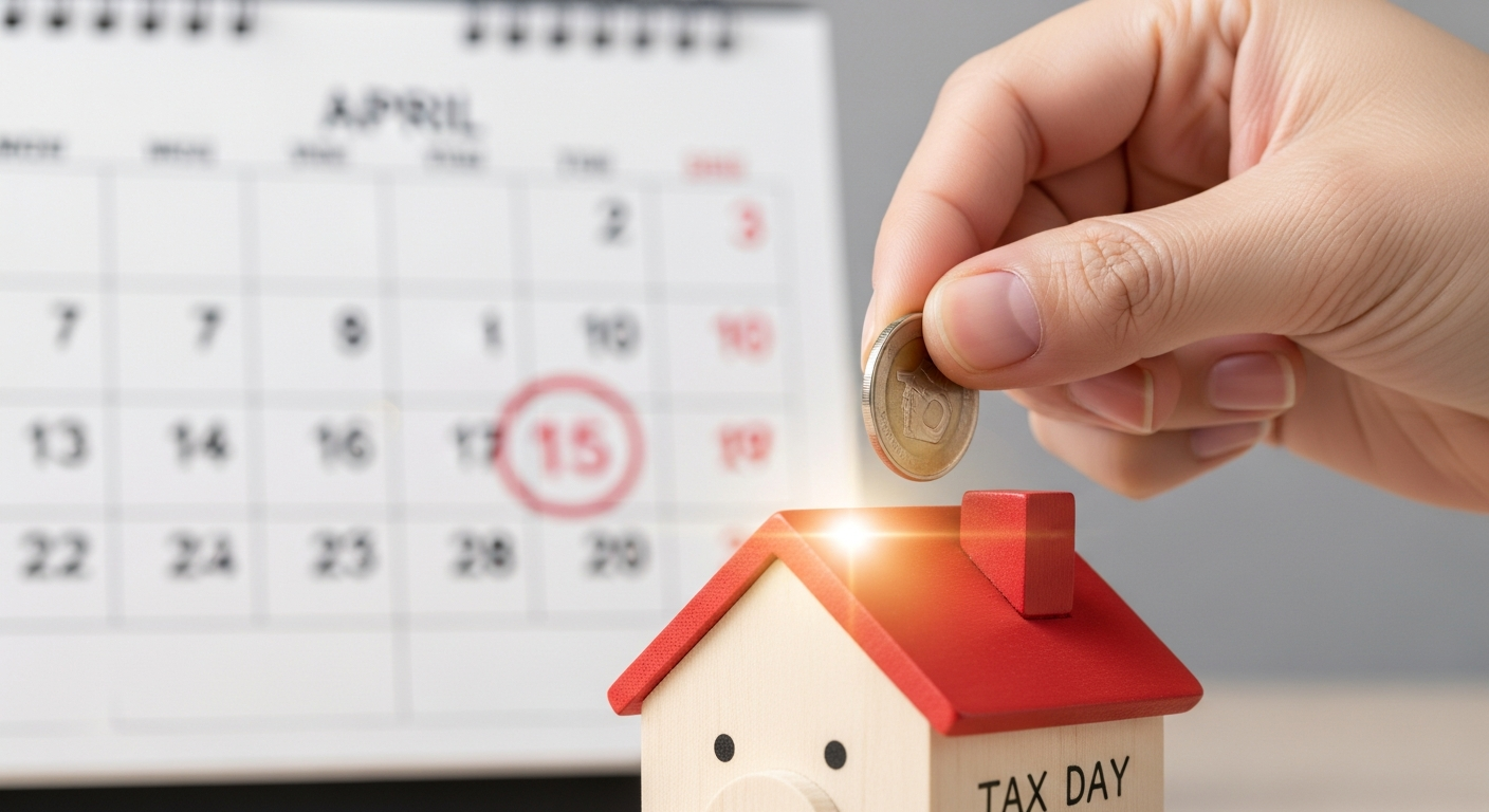 한 사람이 집 모양 돼지 저금통에 동전을 넣으며 연말정산 세액공제 혜택으로 노후 자금을 꾸준히 모으는 모습을 상징하는 이미지.