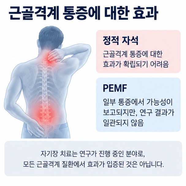 통증에 대한 정적 자석과 PEMF의 연구 결과 차이를 보여주는 이미지