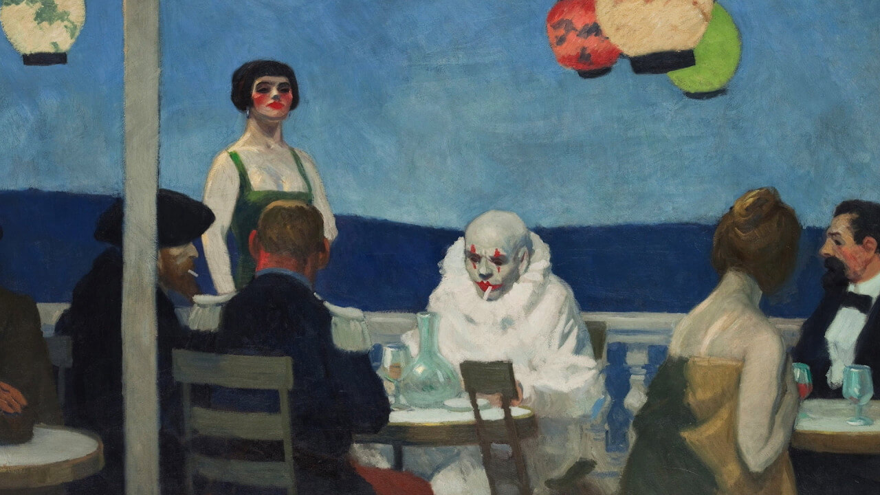 에드워드 호퍼의 작품 중 <푸른 밤> 속 광대가 담배를 피고 있는 모습