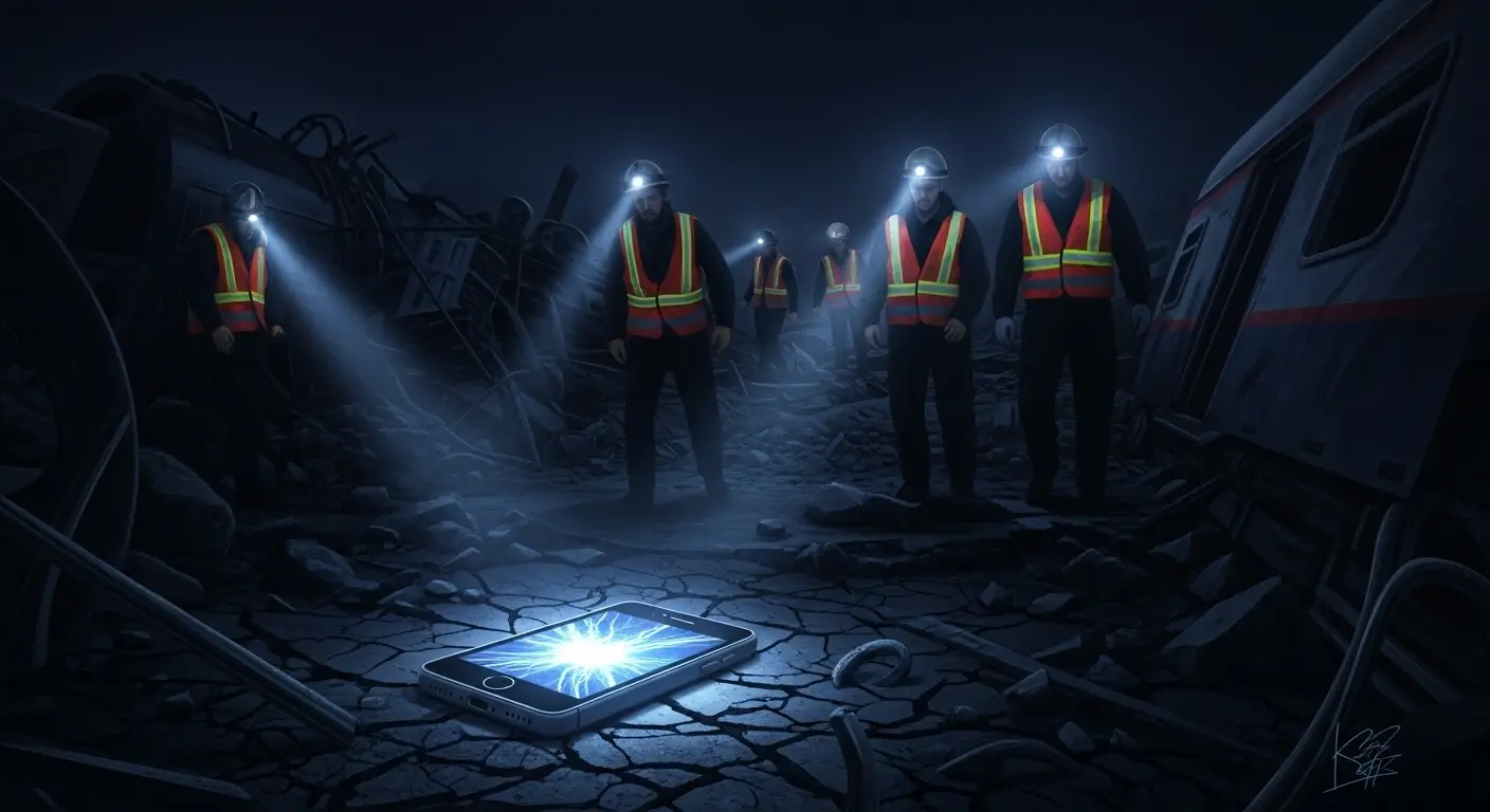 어두운 밤, 비극적인 열차 사고 현장에서 구조대원들이 분주한 가운데, 한 남자의 버려진 휴대폰 화면이 스스로 밝게 켜져 있는 모습