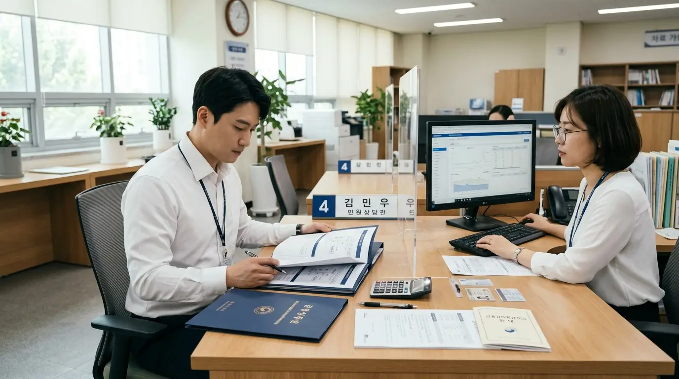 비대면 소액 대출 공식 승인 요건 확인을 위해 한국의 행정복지센터 창구에서 직장인 매수인이 가용 소득 증빙 서류를 접수하는 장면