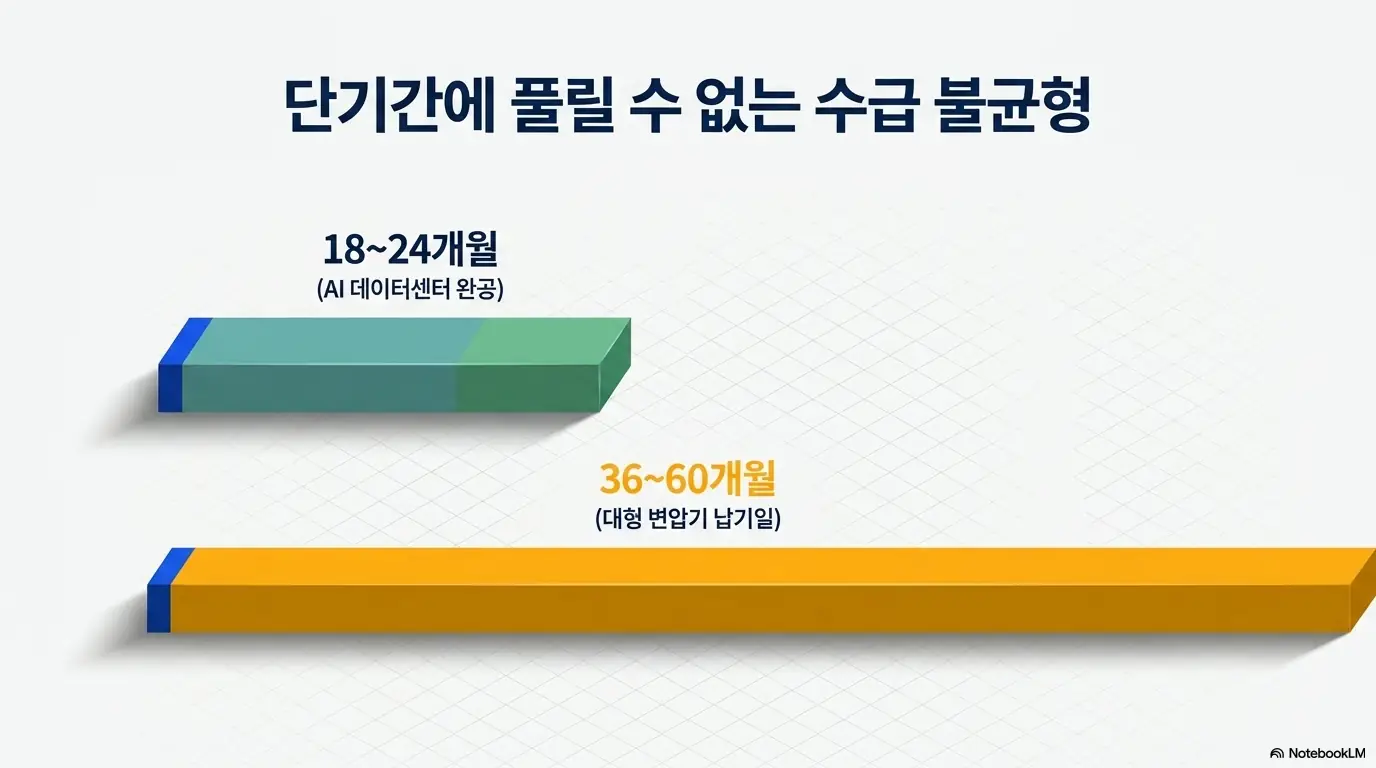 HD현대일렉트릭 주가 전망: 단기간에 풀릴 수 없는 변압기 수급 불균형을 막대로 비교한 그래프. AI 데이터센터는 18~24개월이면 완공되지만 대형 변압기 납기는 36~60개월에 달해 구조적 공급부족을 보여준다. HD현대일렉트릭이 직접 수혜를 받는 배경을 시각적으로 설명한다. 
