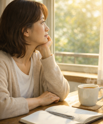 창가에 앉아 노트를 펼쳐두고 멍하니 창밖을 바라보는 중년 여성