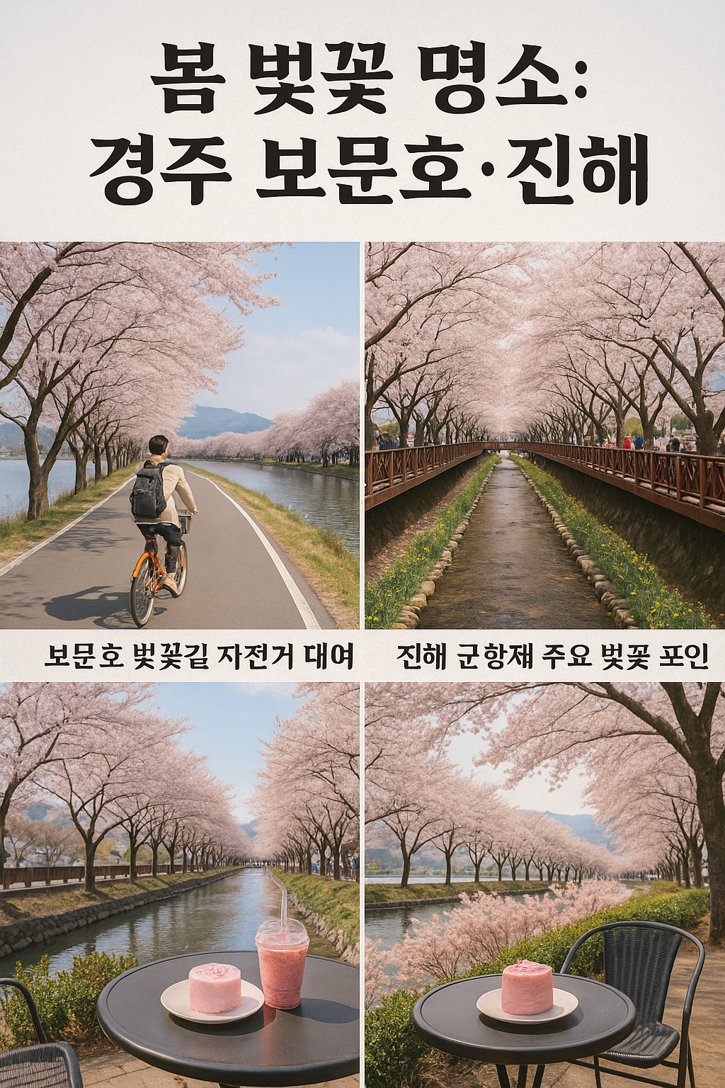 보문호와 진해 여좌천의 만개한 벚꽃길과 벚꽃 디저트를 즐기는 풍경을 담은 봄 여행 이미지