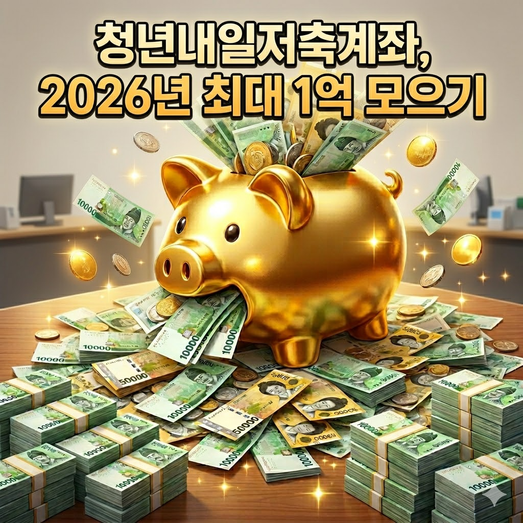 2026년 최대 1억 모으기' 텍스트가 상단에 크고 명확하게 배치되었으며, 황금 돼지 저금통과 가득 쌓인 현금 다발이 시각적인 만족감을 줍니다.
