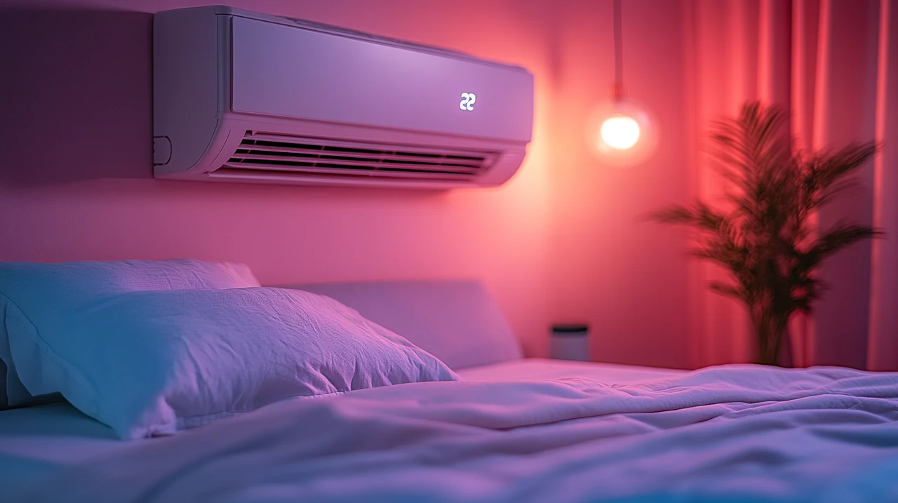 조용한 에어컨이 설치된 편안한 침실에서 편안함과 평화를 제공한다. 부드러운 조명으로 고요함을 더욱 강조한다.