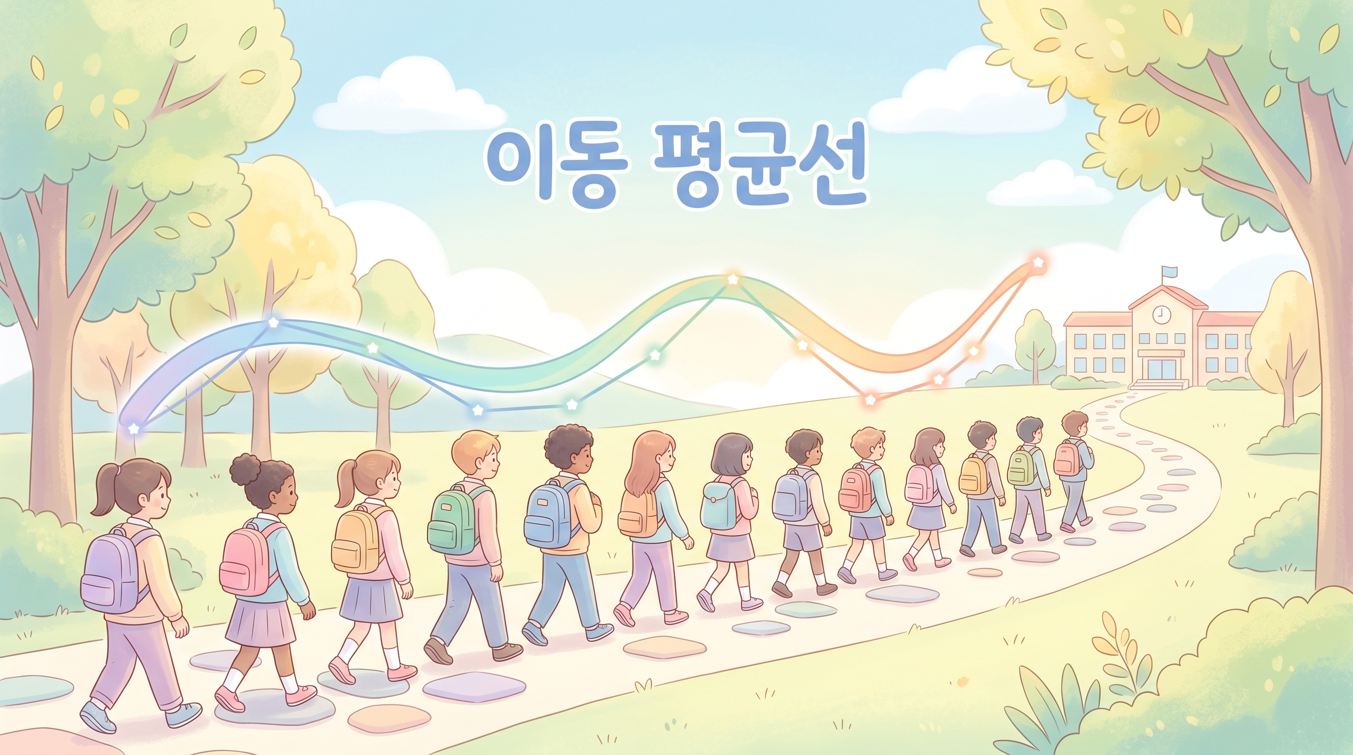 여러 명의 학생들이 줄을 서서 걷고 있는데, 그들의 머리 위로 부드러운 곡선의 평균선이 그려진 일러스트.