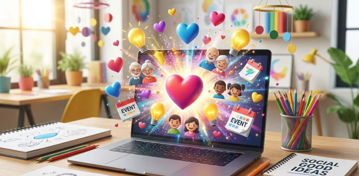 노트북 화면 위로 쏟아지는 창의적인 복지 아이디어 아이콘들