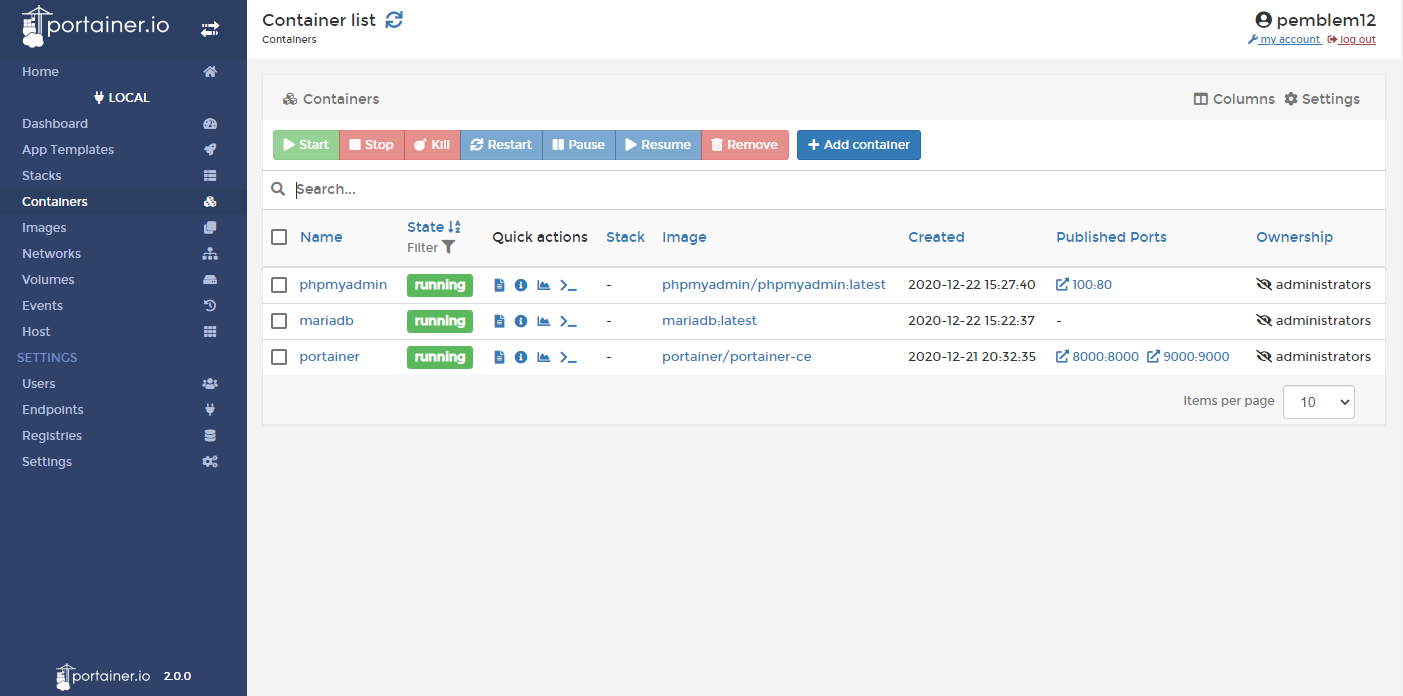 portainer의 컨테이너 탭