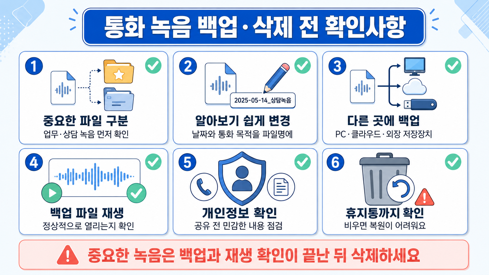 통화 녹음 백업·삭제 전 확인사항