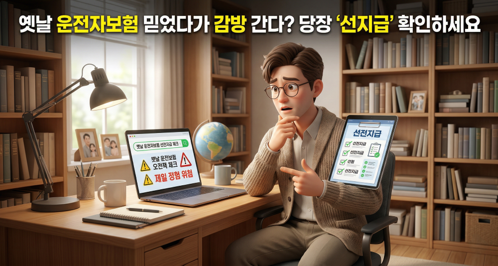 운전자보험 선지금에 대한 설명하는 모습을 연출한 캐릭터 이미지