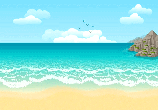 파란 바도가 펼쳐졌고 하늘엔 갈매기 다섯 마리가 날고 있다. 오른쪽엔 돌섬이 있다.