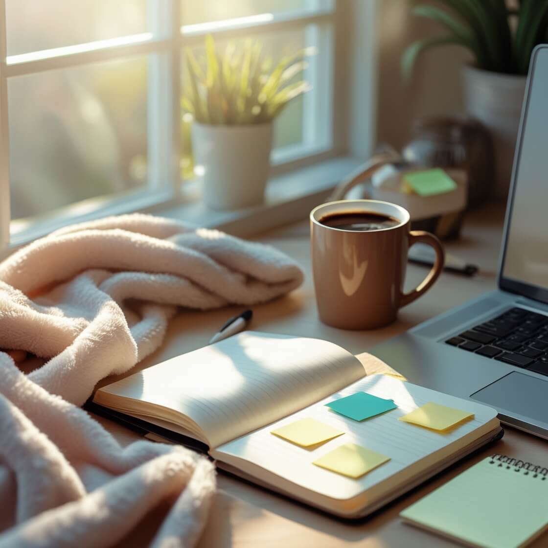 커피를 마시며 멘탈 강화를 위해 노트에 기록하는 모습