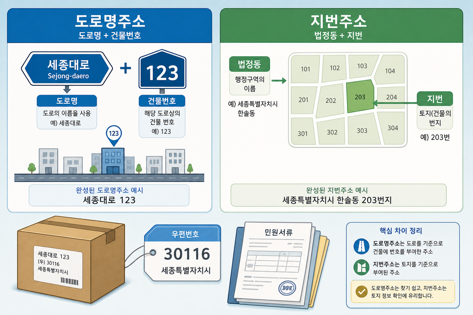 도로명주소와 지번주소의 차이를 설명하는 교육형 인포그래픽, 두 개의 주소 카드가 나란히 놓인 평면 구성, 왼쪽에는 도로명과 건물번호 구조를 화살표와 도로 표...