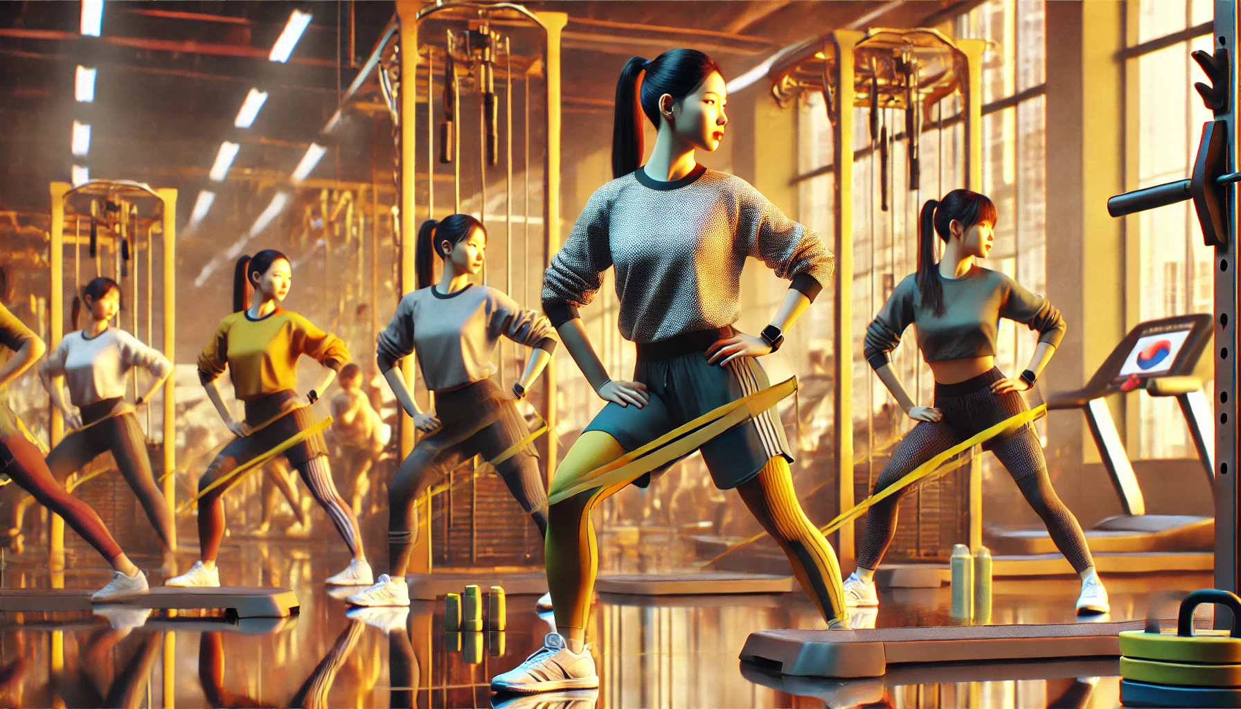 데드리프트 준비운동, 한국 여성 피트니스, 웜업 스트레칭, 헬스장에서 운동하는 여성, 근력 운동 준비, 현대적 피트니스 문화, 웨이트 트레이닝