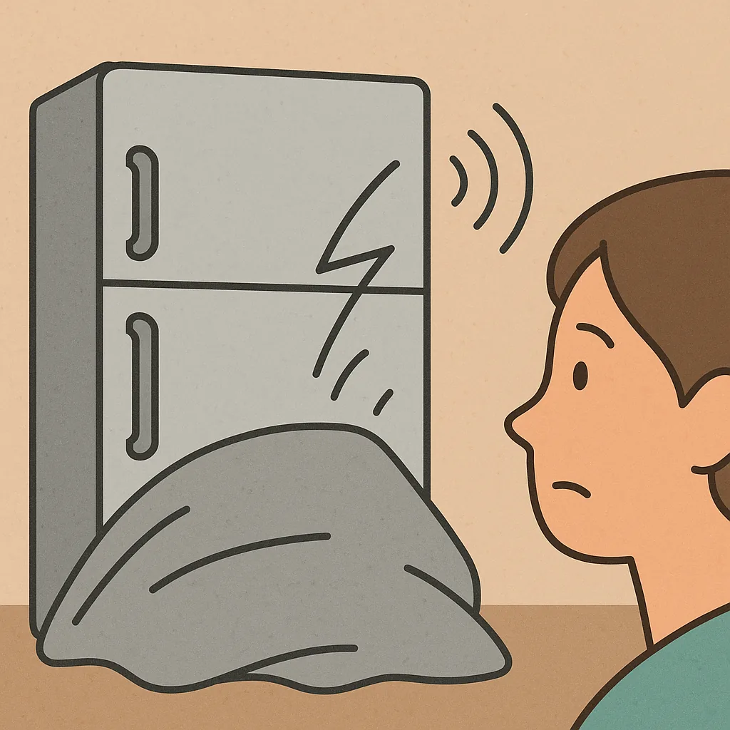 가전제품에서-나는-윙-소리를-표현한-일러스트-냉장고-앞에서-소리를-집중해-듣는-사람과-윙-소리를-나타내는-곡선과-번개-아이콘