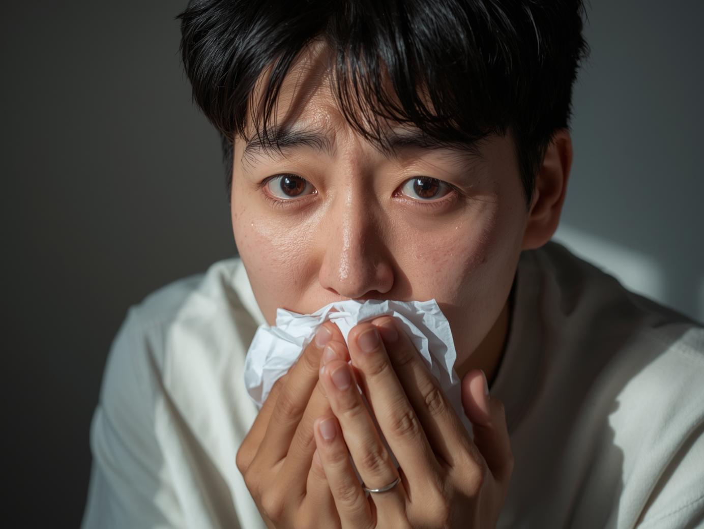 극심한 감기에 코를 푸는 모습