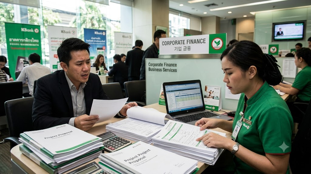 초록색 테마의 태국 카시콘 은행(KBank) 기업 금융(CORPORATE FINANCE) 창구 사진. 정장을 입은 남성 고객이 다소 긴장한 표정으로 서류를 들고 설명하고 있으며, 맞은편 초록색 유니폼을 입은 은행 직원은 산더미처럼 쌓인 'Project Proposal(프로젝트 제안서)' 서류 뭉치를 꼼꼼히 검토하며 짚어보는 모습입니다. 책상 위에는 노트북과 계산기가 놓여 있습니다.