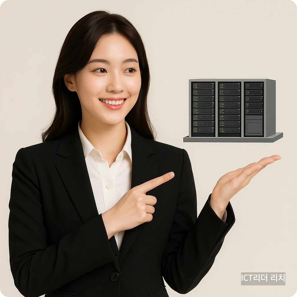 밝고 환한 피부의 20대 여성이 데이터센터 모형을 손가락으로 가리키는 모습