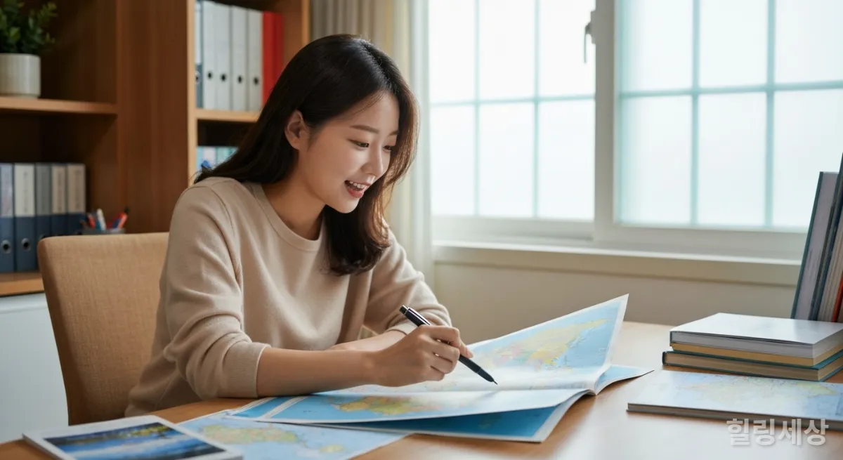 세계 지도를 보며 해외여행 계획을 세우는 한국인 여성