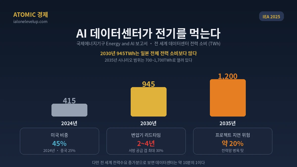 IEA 전망 데이터센터 전력 소비 2024년 415테라와트시에서 2030년 945 2035년 1200으로 증가하는 추이와 변압기 리드타임 병목