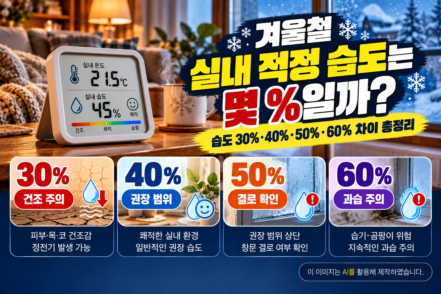 겨울철 실내 적정 습도 30~50%와 습도별 건조·결로·곰팡이 발생 위험을 안내하는 이미지