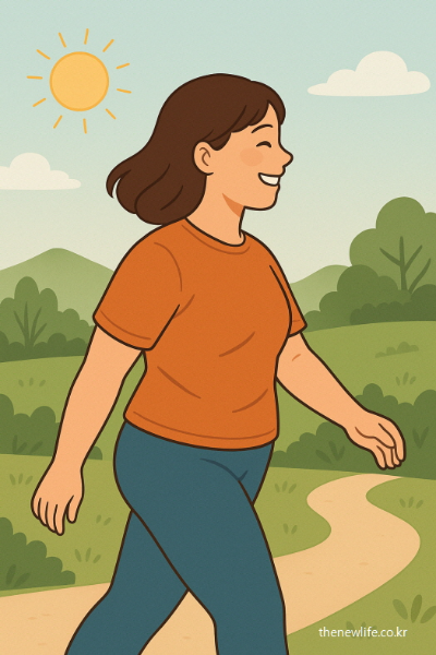 A smiling woman walking on a sunny path surrounded by nature. She wears an orange shirt and looks relaxed and healthy./햇살 아래 자연 속 산책길을 걷는 밝게 웃는 여성의 모습. 주황색 티셔츠를 입고 건강하고 여유로운 분위기를 자아냄.