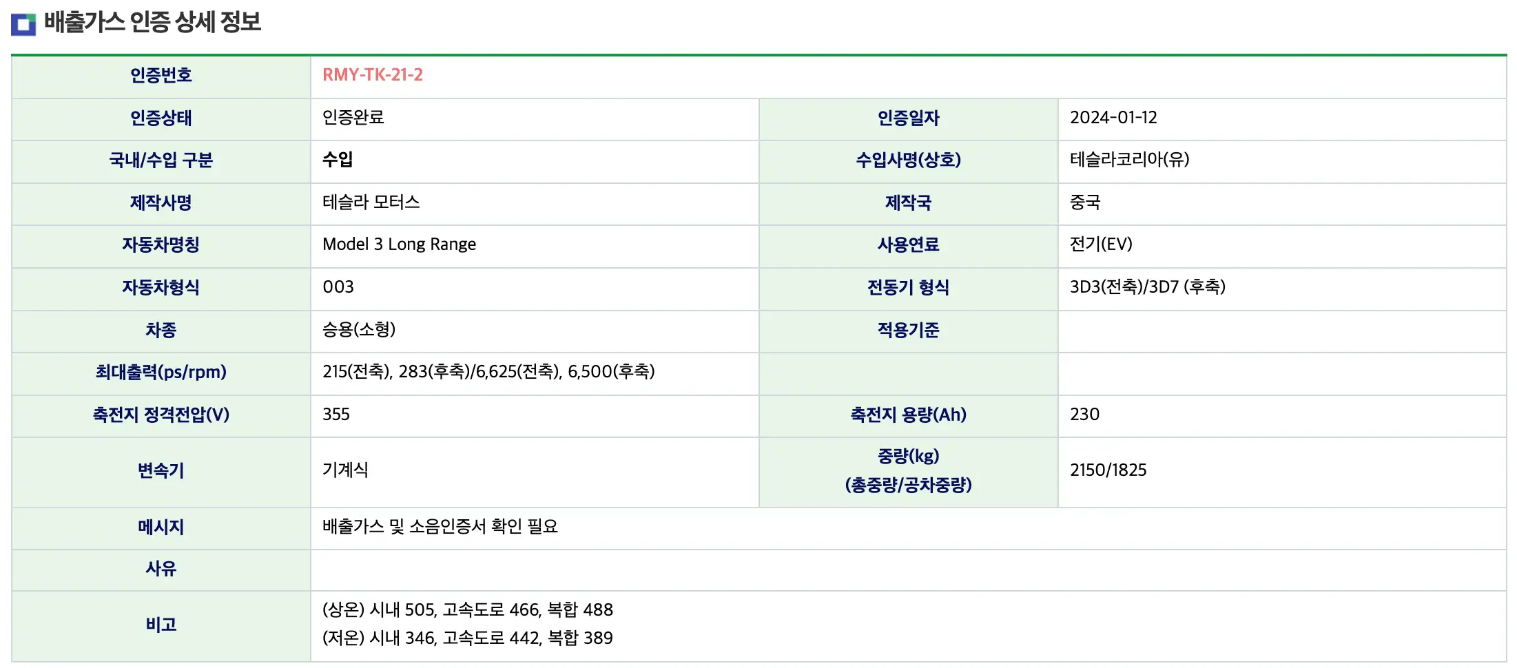 모델3 하이랜드 롱레인지 환경부 인증