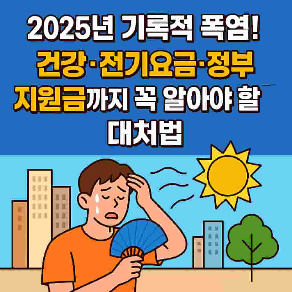 2025년 기록적 폭염 대응 인포그래픽 – 건강 관리, 전기요금 절약, 정부 지원정책 요약