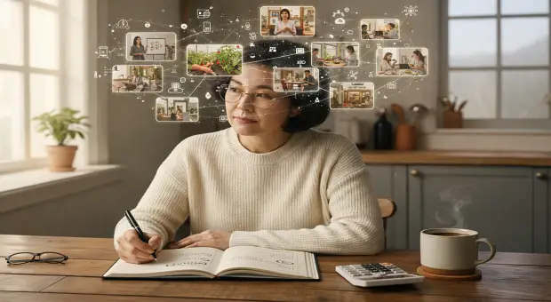 여러 가지 부업 가능성을 떠올리며 노트에 메모하는 50&middot;60대의 여성의 모습