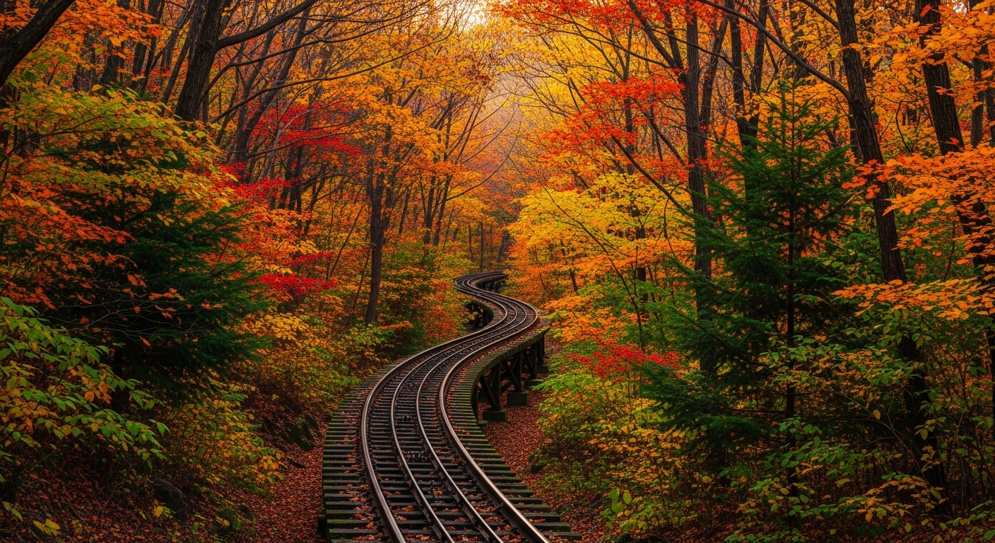 단풍으로 물든 화담숲을 가로지르는 모노레일 선로, 평화롭고 아름다운 가을 풍경
