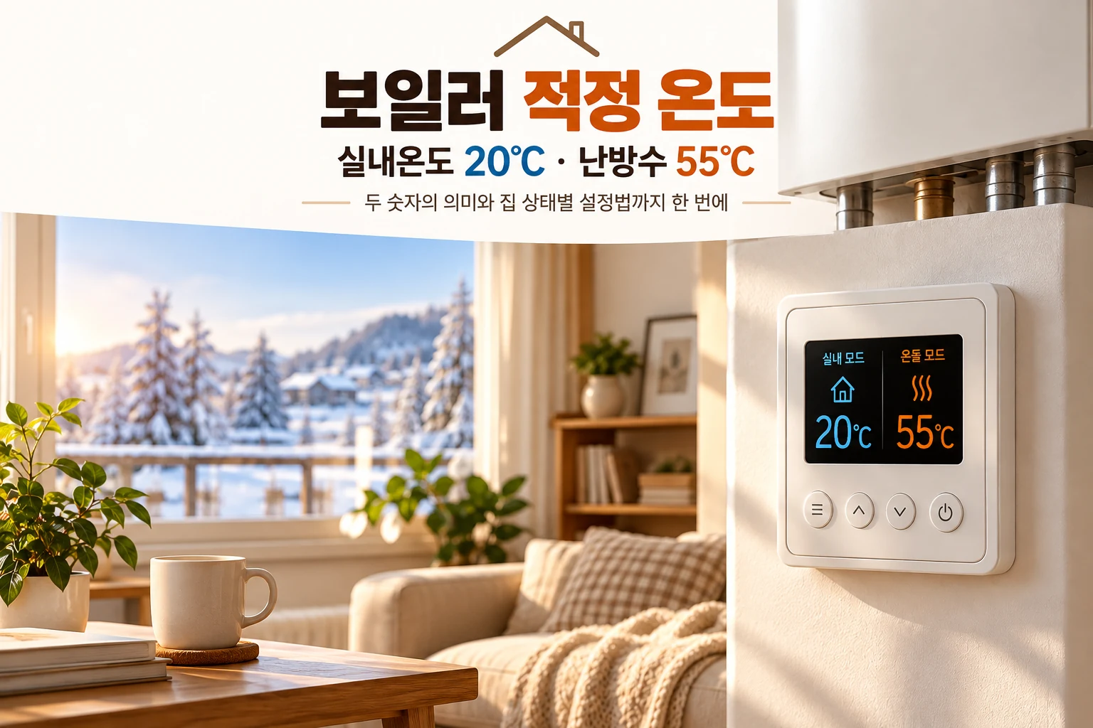 보일러 적정 온도 실내온도 20도와 난방수 55도 설정을 보여주는 겨울철 거실 이미지