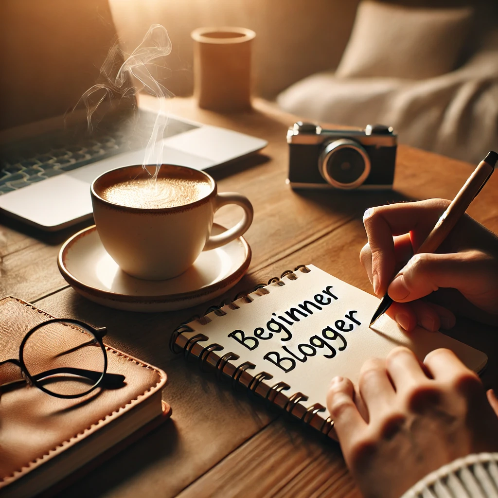 "노트와 펜으로 아이디어를 적고 있는 초보 블로거의 따뜻한 책상. 옆에는 커피 한 잔이 놓여져 있으며, 편안하고 아늑한 분위기."