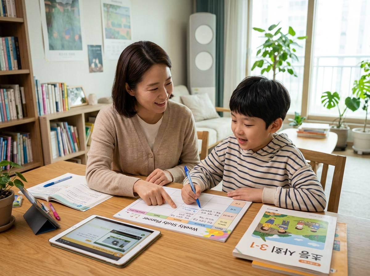 학부모와 초등학생 자녀가 함께 주간 사회 학습 계획을 세우는 모습