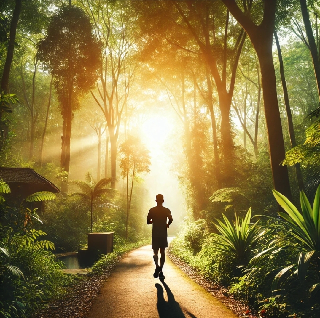 따뜻한 아침 햇살 속에서 숲길을 조깅하는 장면