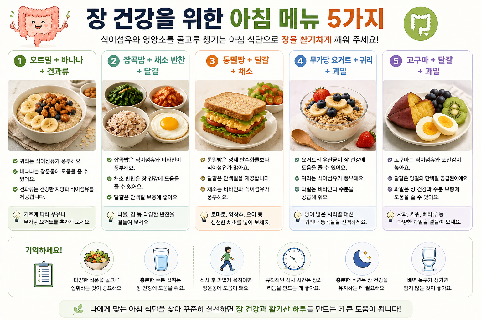 오트밀·잡곡밥·통밀빵·요거트·고구마에 다른 식품을 곁들인 다섯 가지 아침 메뉴