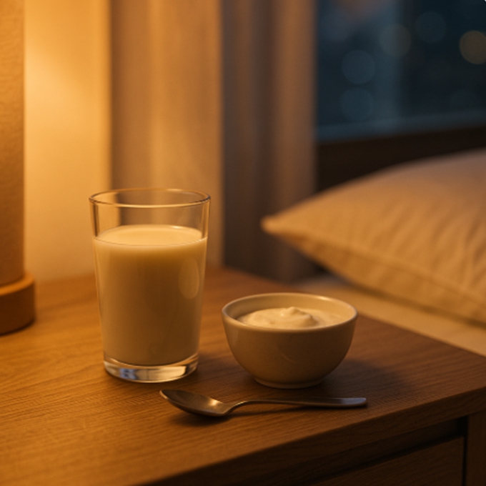침대 옆 협탁 위에 우유 한 컵과 작은 요거트 볼이 따뜻한 조명 아래 놓여 있다.
