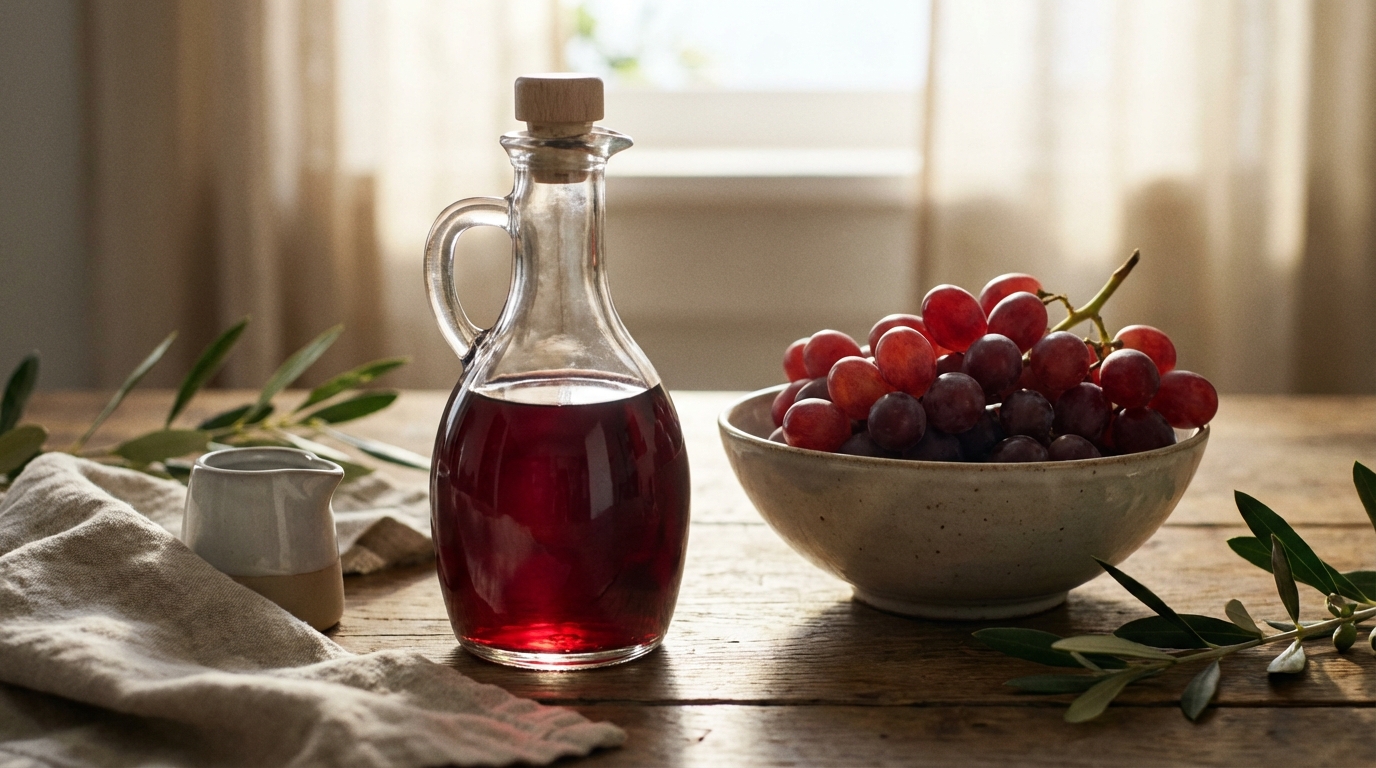 투명한 병에 담긴 레드와인비니거와 신선한 적포도가 놓인 건강한 식단 이미지