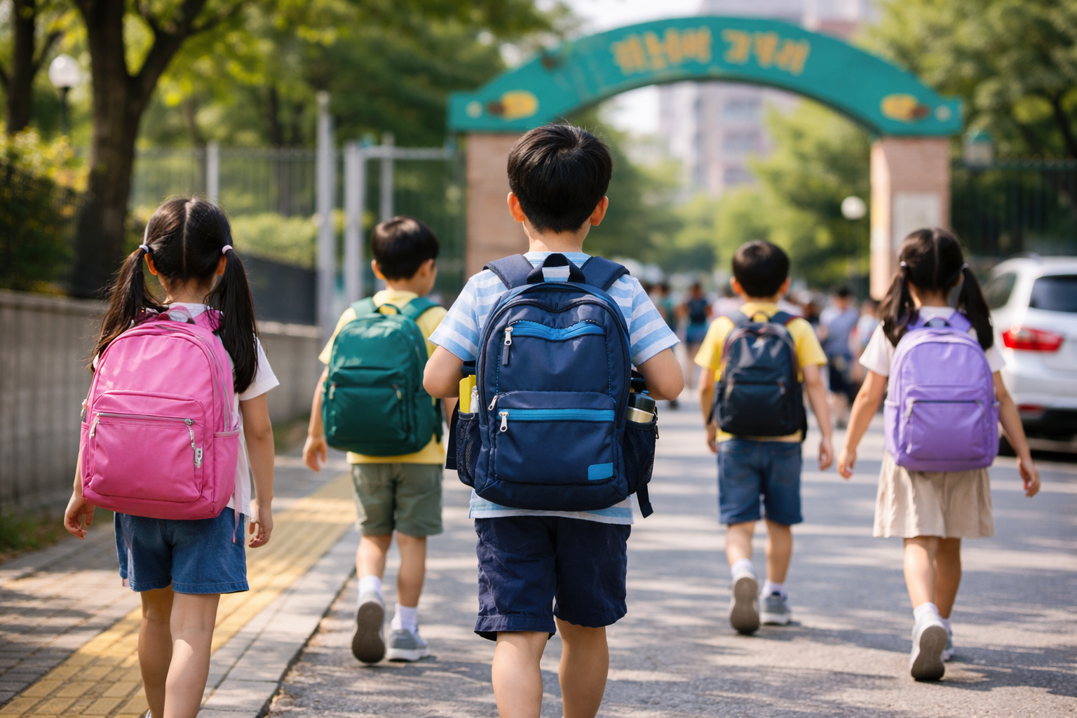 가방을 매고 학교를 가는 초등학생 어린이들