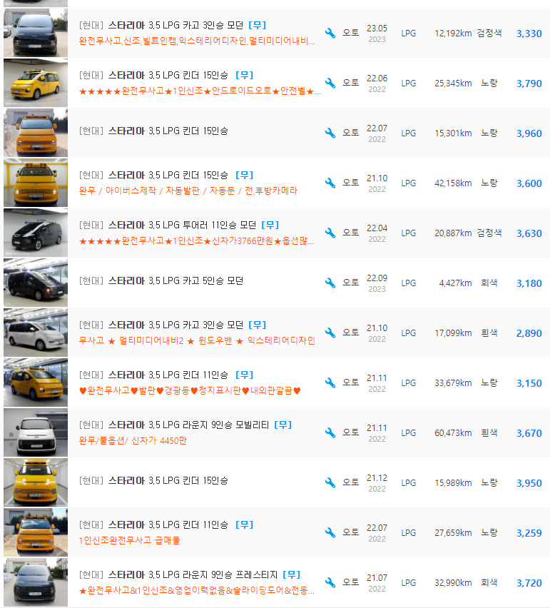 스타리아 3.5 LPG 등급 중고차 시세 : 3&#44;670만원 ~ 5&#44;000만원
