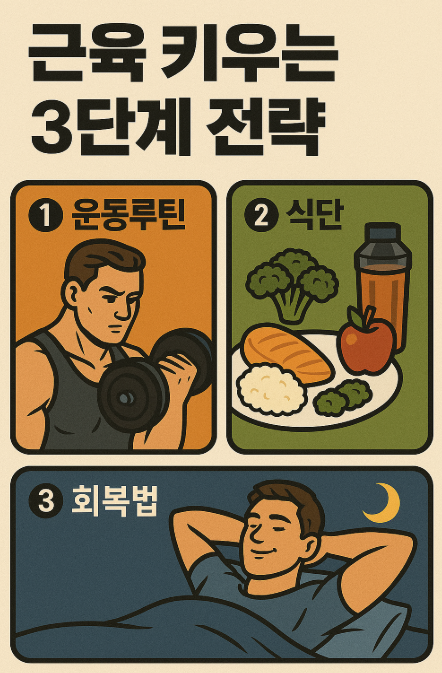 근육 키우는 3단계 전략 (운동루틴, 식단, 회복법) 사진