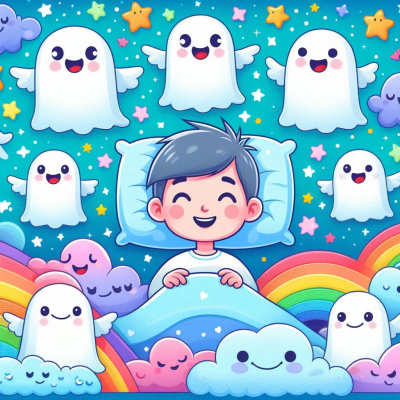 무지개와 유령들이 가득한 꿈 속 장면.