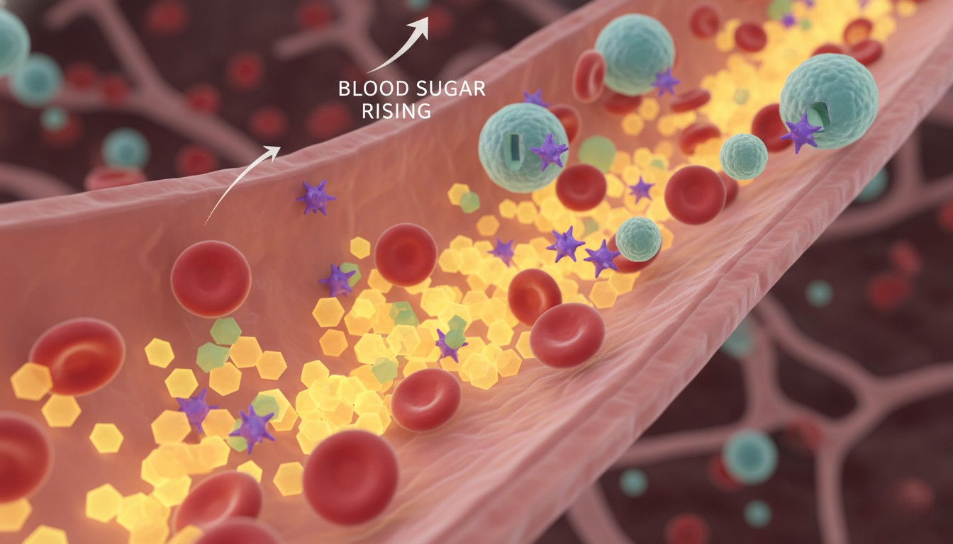 혈당 스파이크와 인슐린 반응을 시각적으로 표현한 의료 인포그래픽 이미지