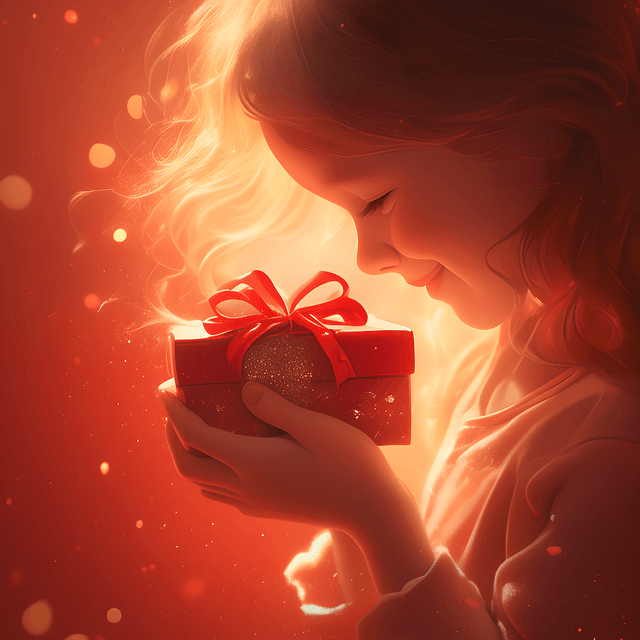 여자 어린이가 작은 붉은 선물상자를 두손 가득 받고 행복한 미소를 짓는 옆모습이다.