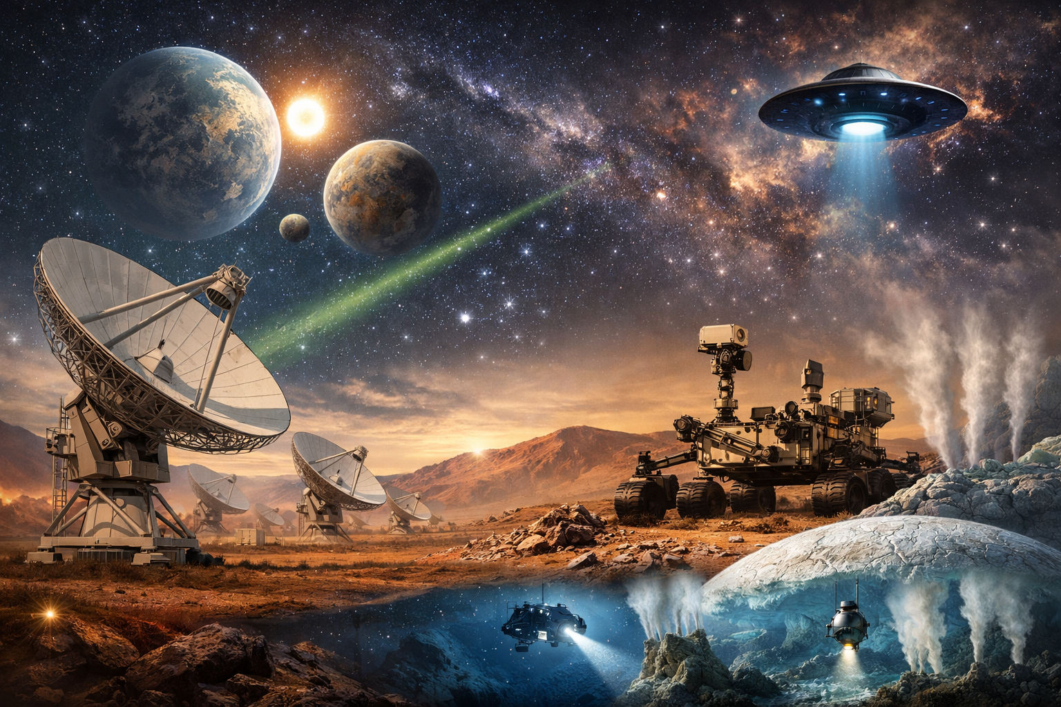 전파망원경, 화성 탐사 로버, 얼음 위성 탐사선, 외계 행성 탐색 등 외계 생명체 탐사 방법을 보여주는 우주 배경 일러스트
